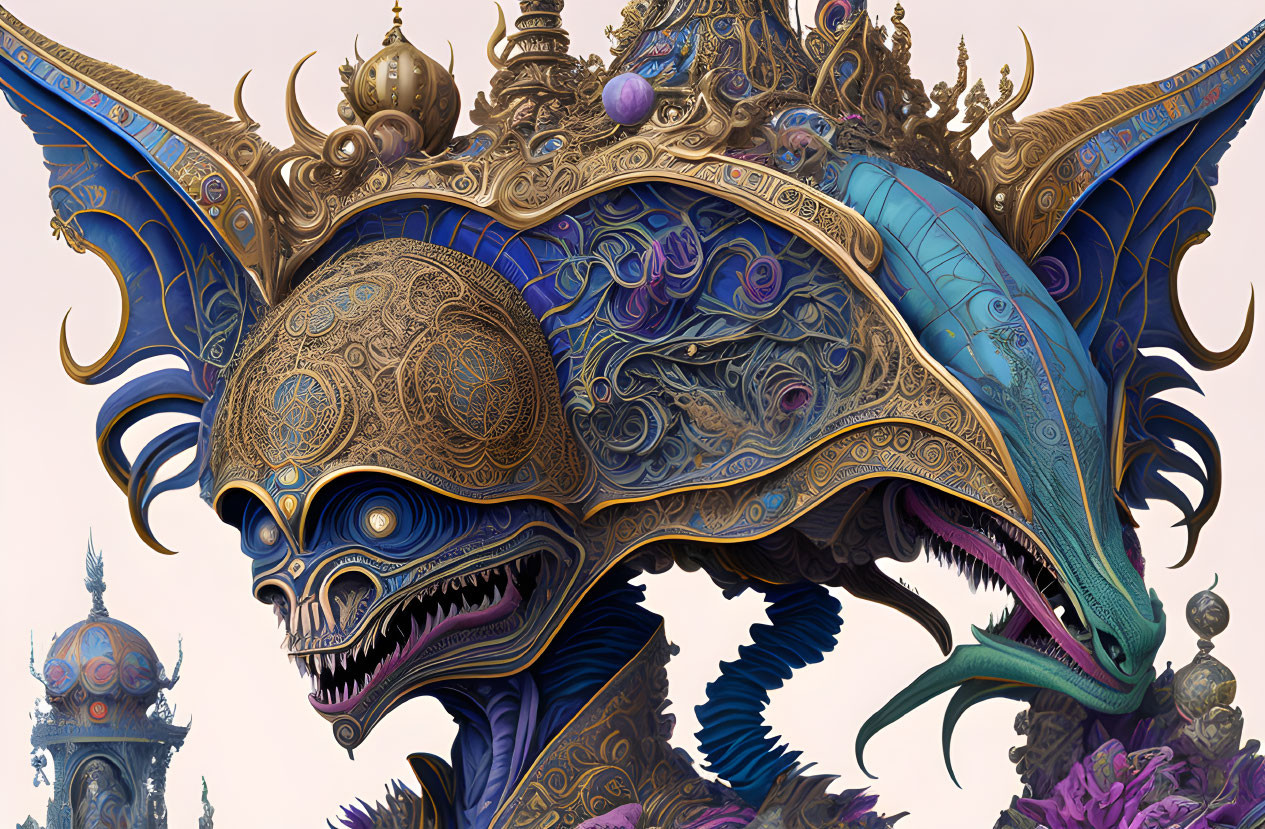 Ornate Skull-faced Creature with Golden and Blue Armor