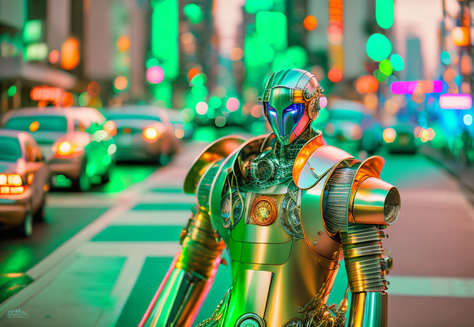 Intricately designed futuristic robot on vibrant city street at dusk