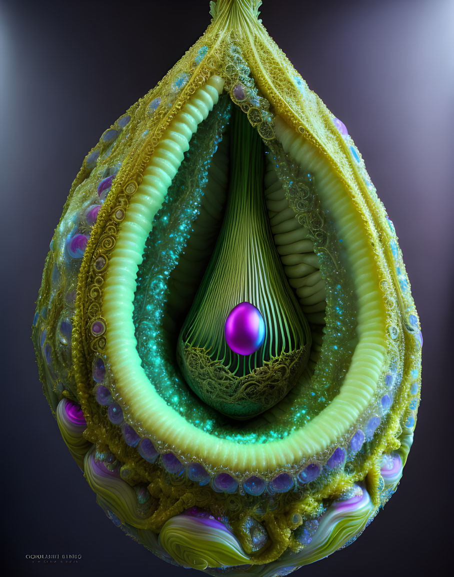 Intricate 3D Fractal Art: Pear-shaped Structure with Central Sphere