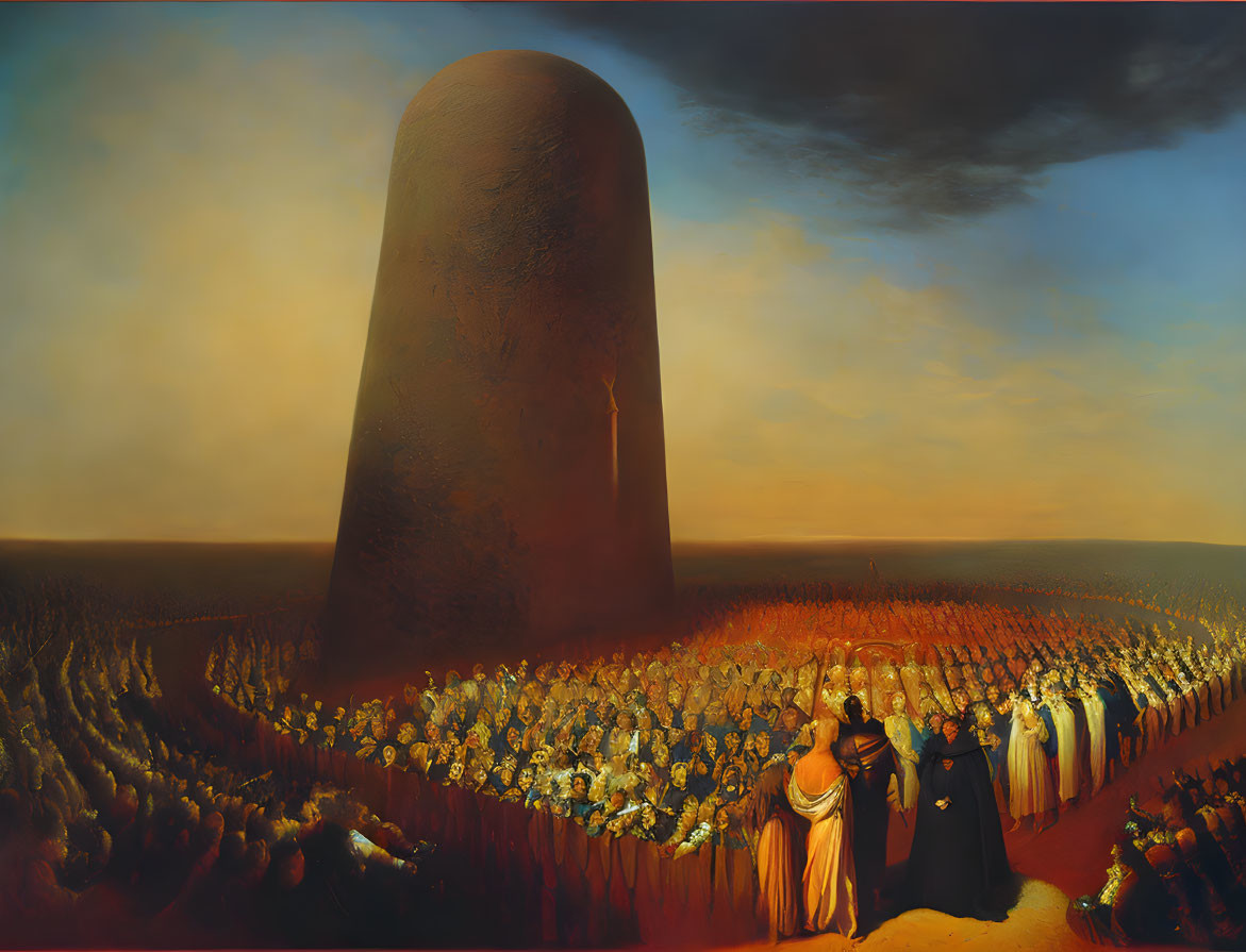 Fantastical painting with robed figures, masked army, and monolithic tower.