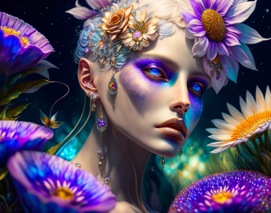 Fantasy digital artwork of blue-skinned female with floral adornments