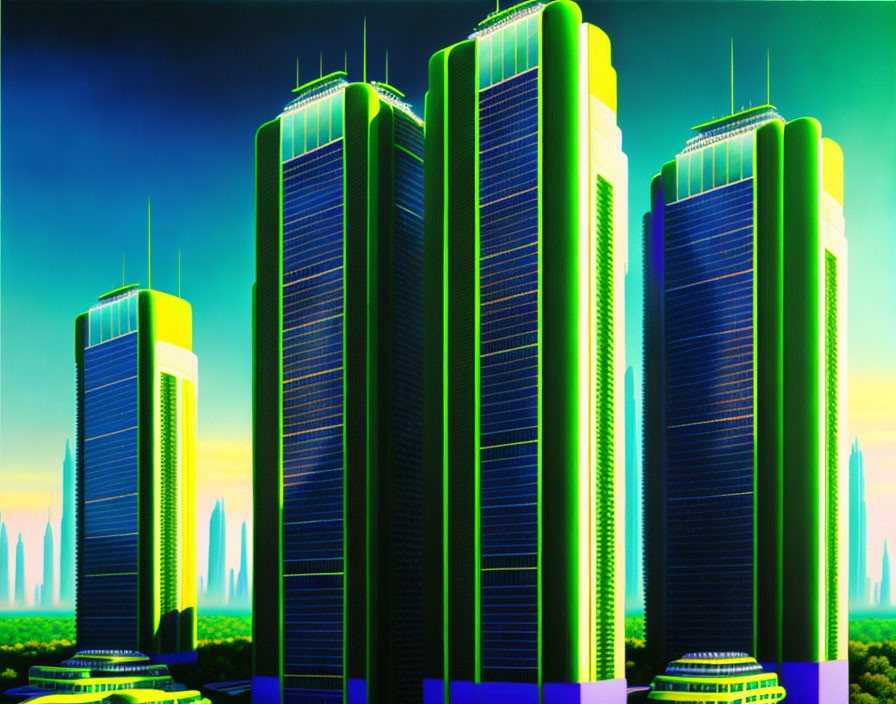 Futuristic skyscrapers with green lighting in urban skyline at dawn or dusk