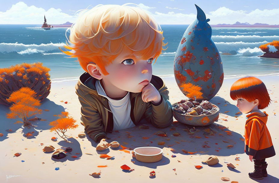 Stylized illustration of pensive child and surreal seaside scene