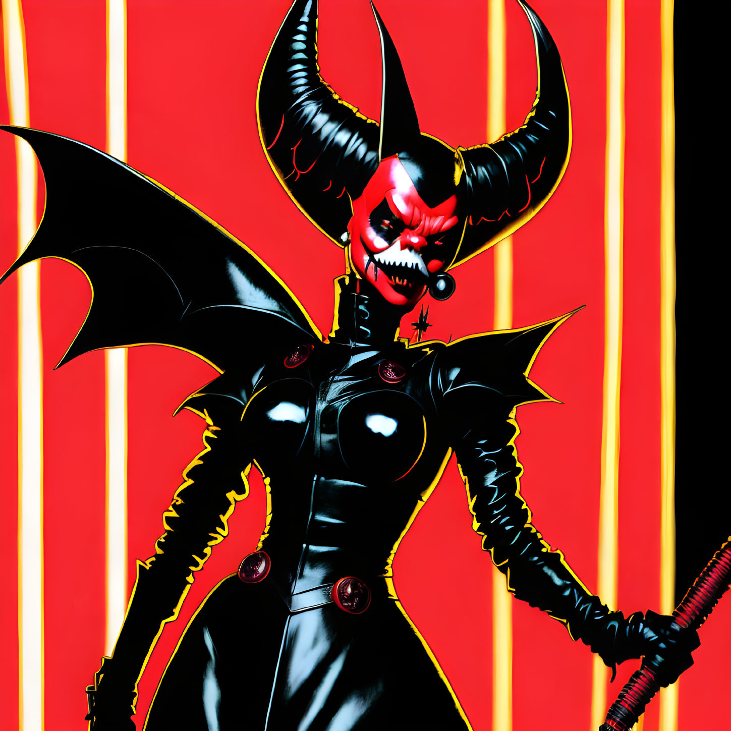 Female figure in black bodysuit with bat-like wings and demonic features on red background