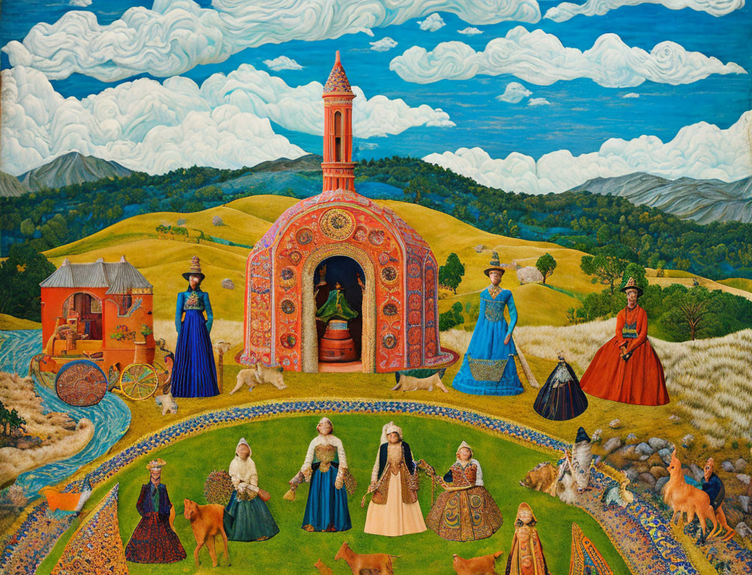 Vibrant folk art-style painting of Victorian-era scene