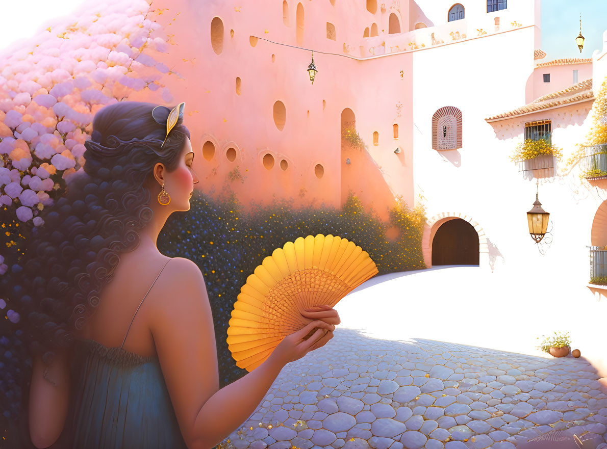 Woman with fan admiring sunlit Mediterranean village scenery