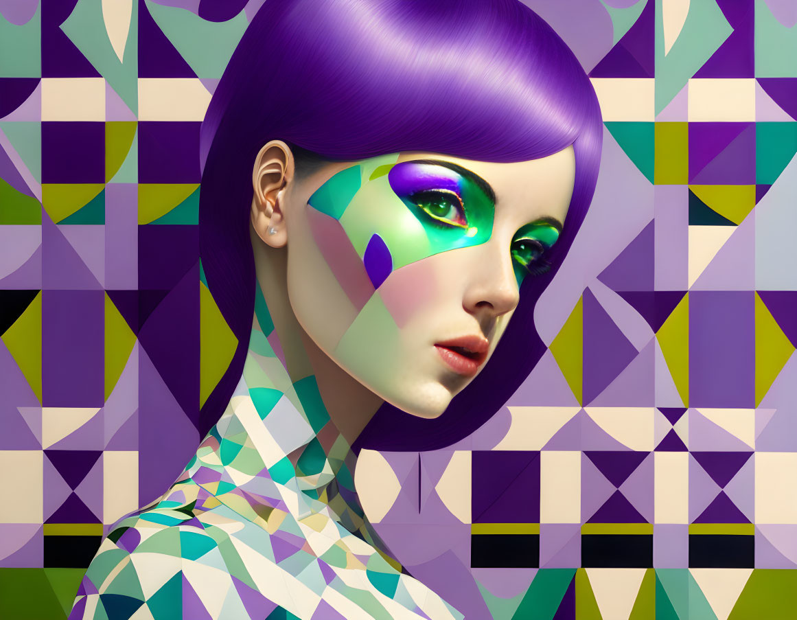 Vibrant digital artwork: woman with purple hair, geometric skin, multicolored abstract background