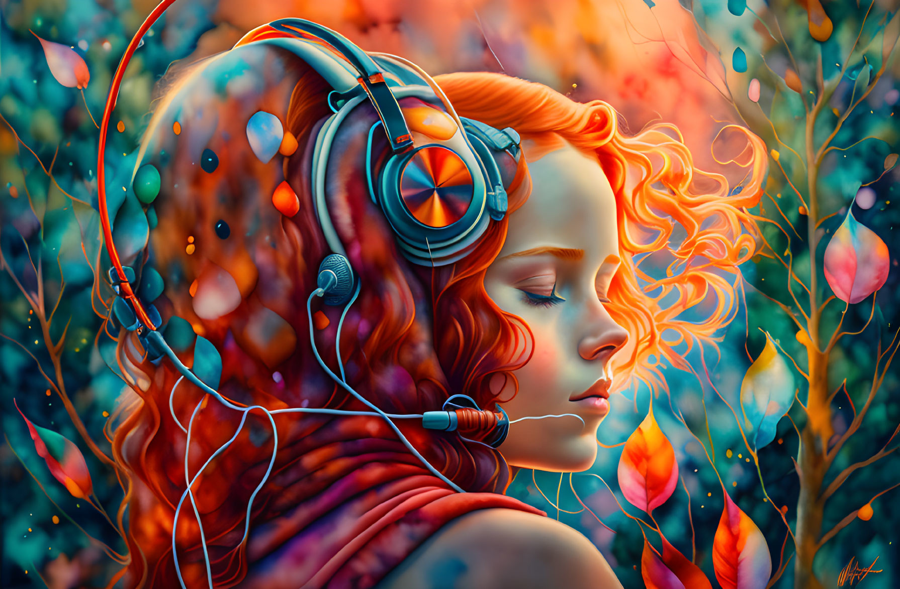 Colorful digital artwork: Woman with headphones in autumn setting