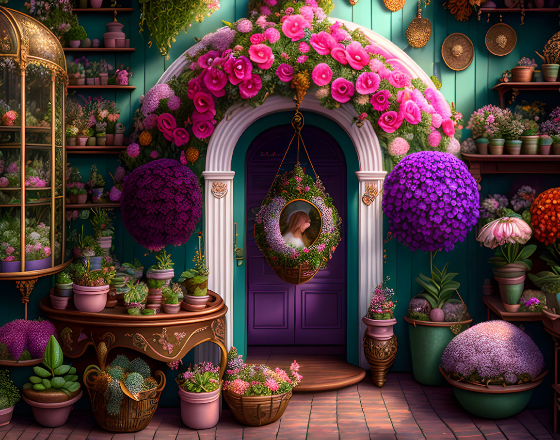 Colorful garden scene with purple door, vibrant flowers, hanging plants, and pink archway.