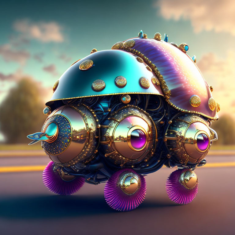 Ornate spherical vehicle with jewel-like detailing on purple wheels