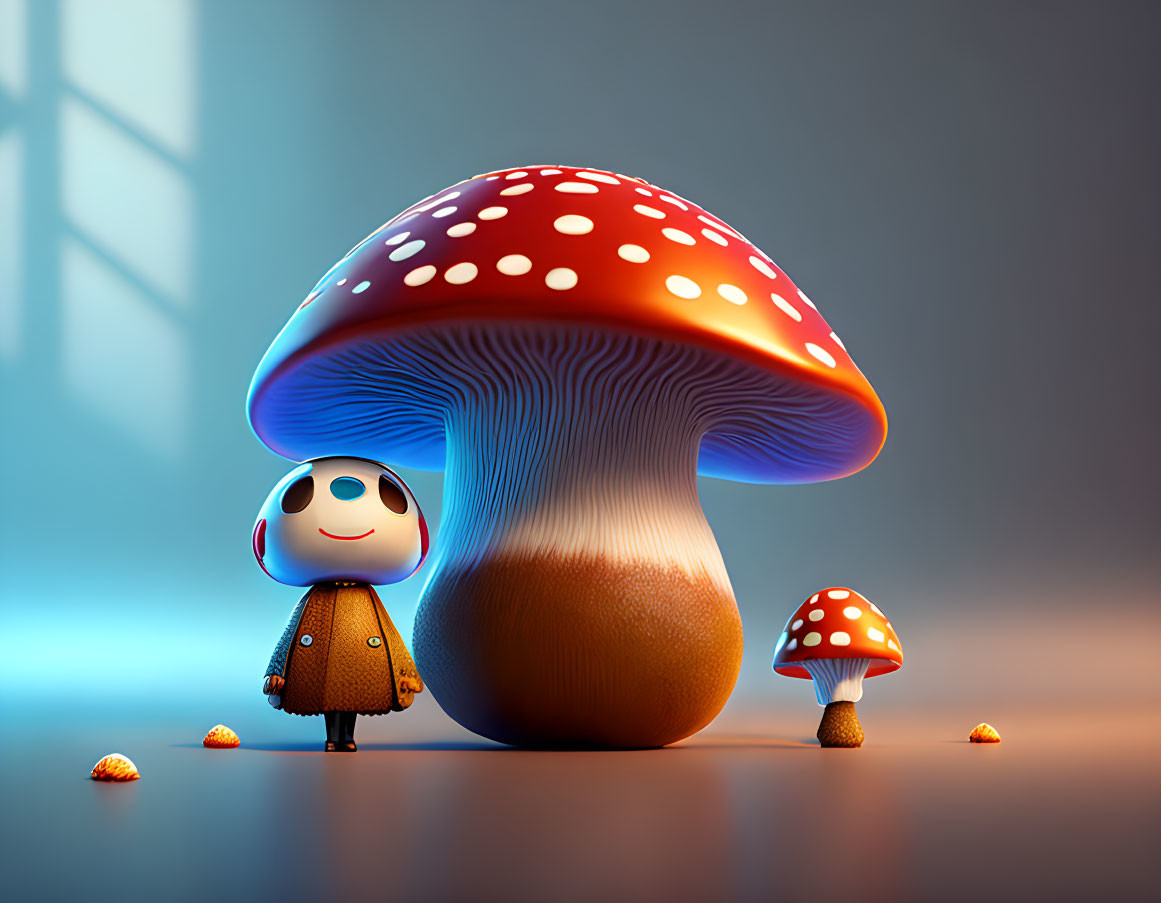 Stylized small character by oversized red mushroom under soft blue light