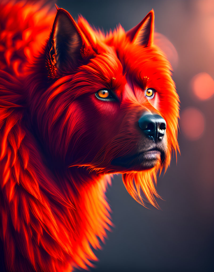 Vivid Red Stylized Wolf with Intense Eyes and Detailed Fur