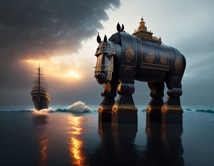 Mechanical horse and ship in tranquil sunset sea