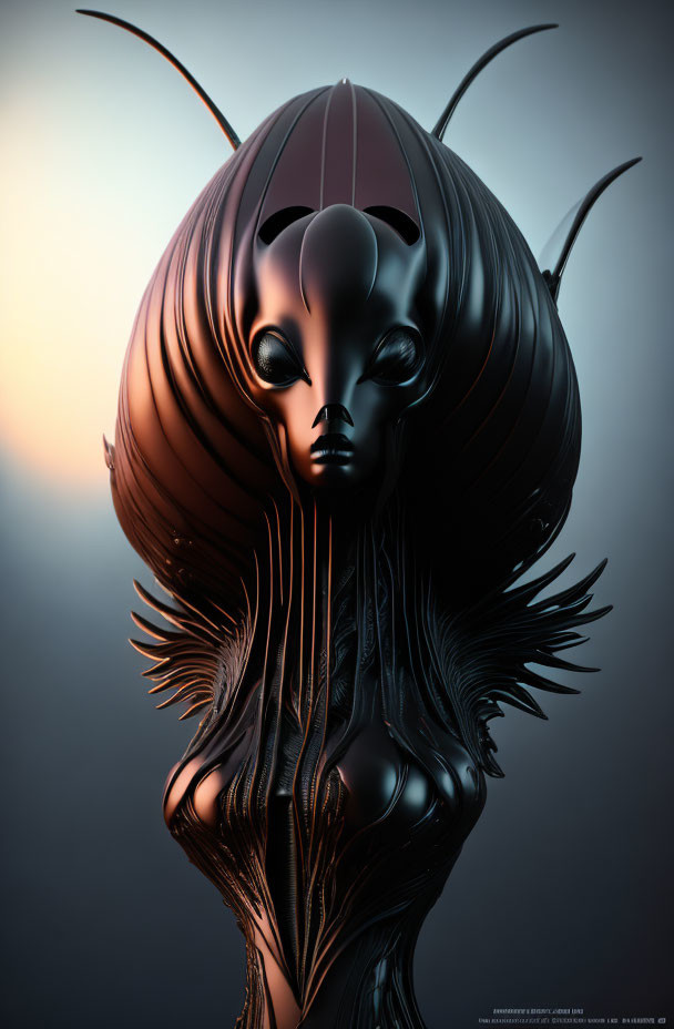 Alien figure 3D rendering with glassy eyes and biomechanical design