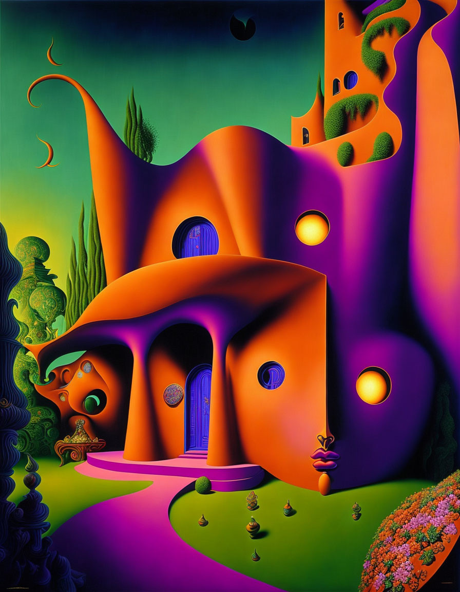 Colorful surrealist painting: orange whimsical structure with circular windows on purple and green landscape