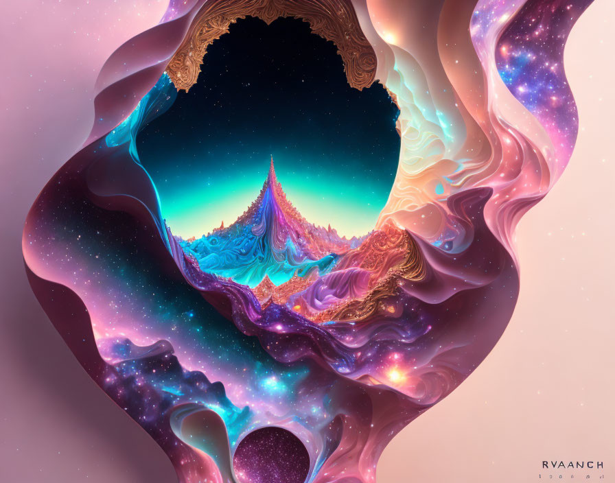 Vibrant surreal landscape with swirling shapes and starry sky