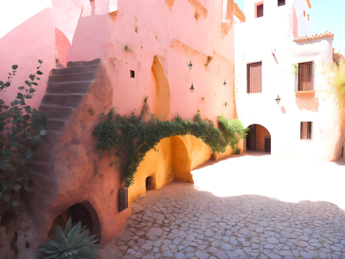 Peach-Colored Traditional Buildings with Arches and Cobblestone Ground