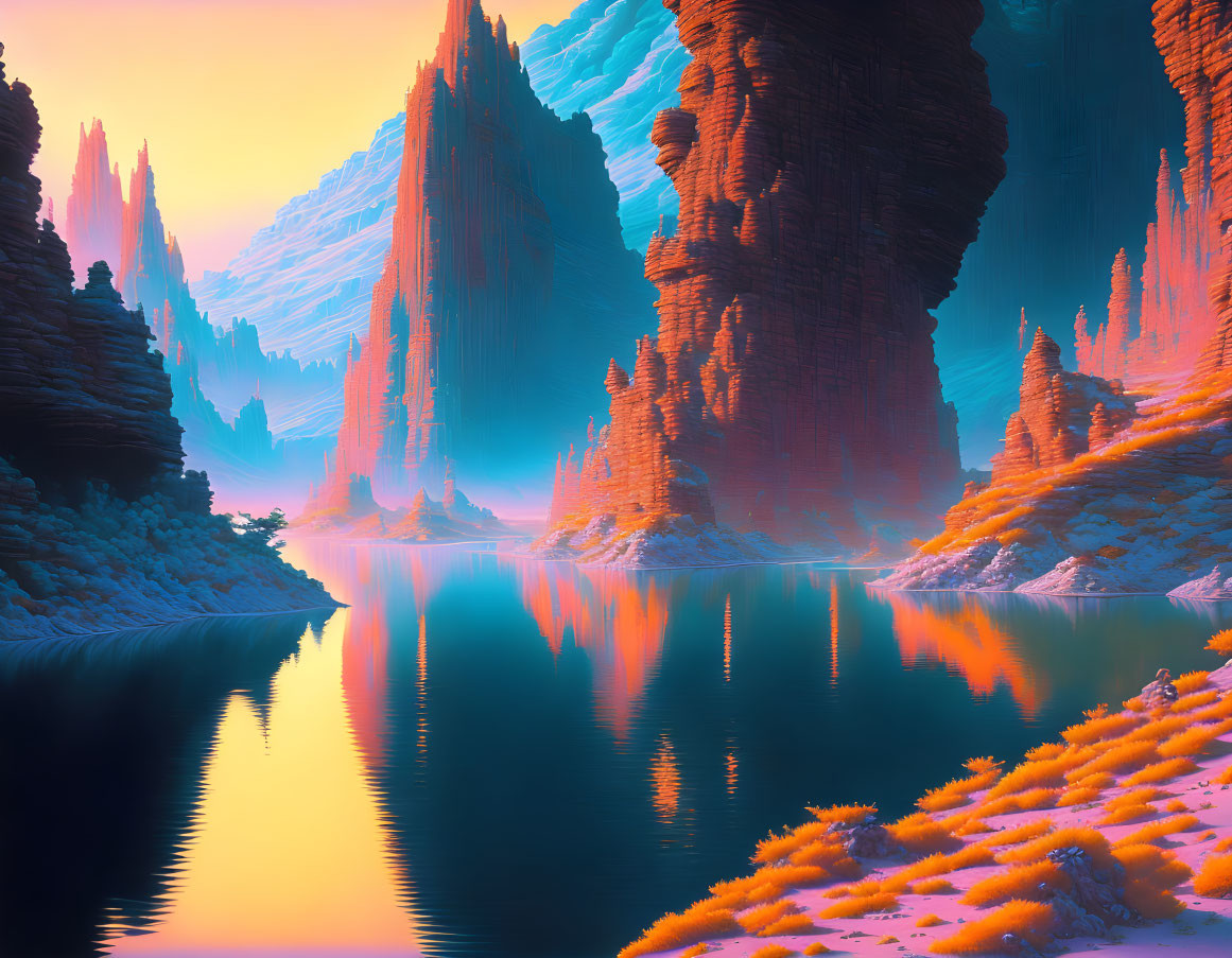 Vibrant otherworldly landscape with towering rock formations and reflective lake in orange and blue color palette