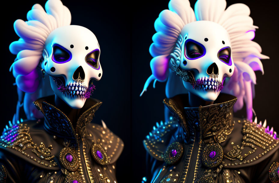 Ornate skull figures with feathered headdresses and jewels on dark background