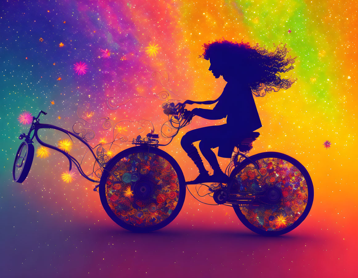 Person silhouette on whimsical bicycle against colorful starry background