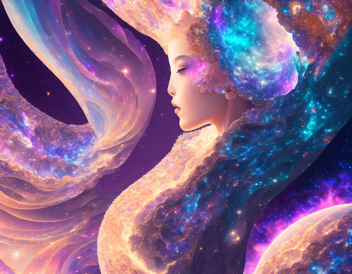 Vibrant cosmic illustration of woman with galaxy-themed hair blending with stars and nebulae