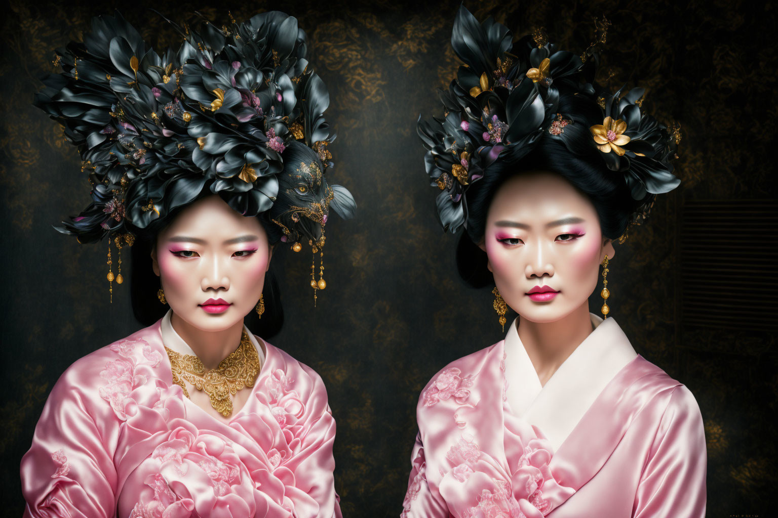 Two women in traditional Asian attire with floral headdresses on patterned background