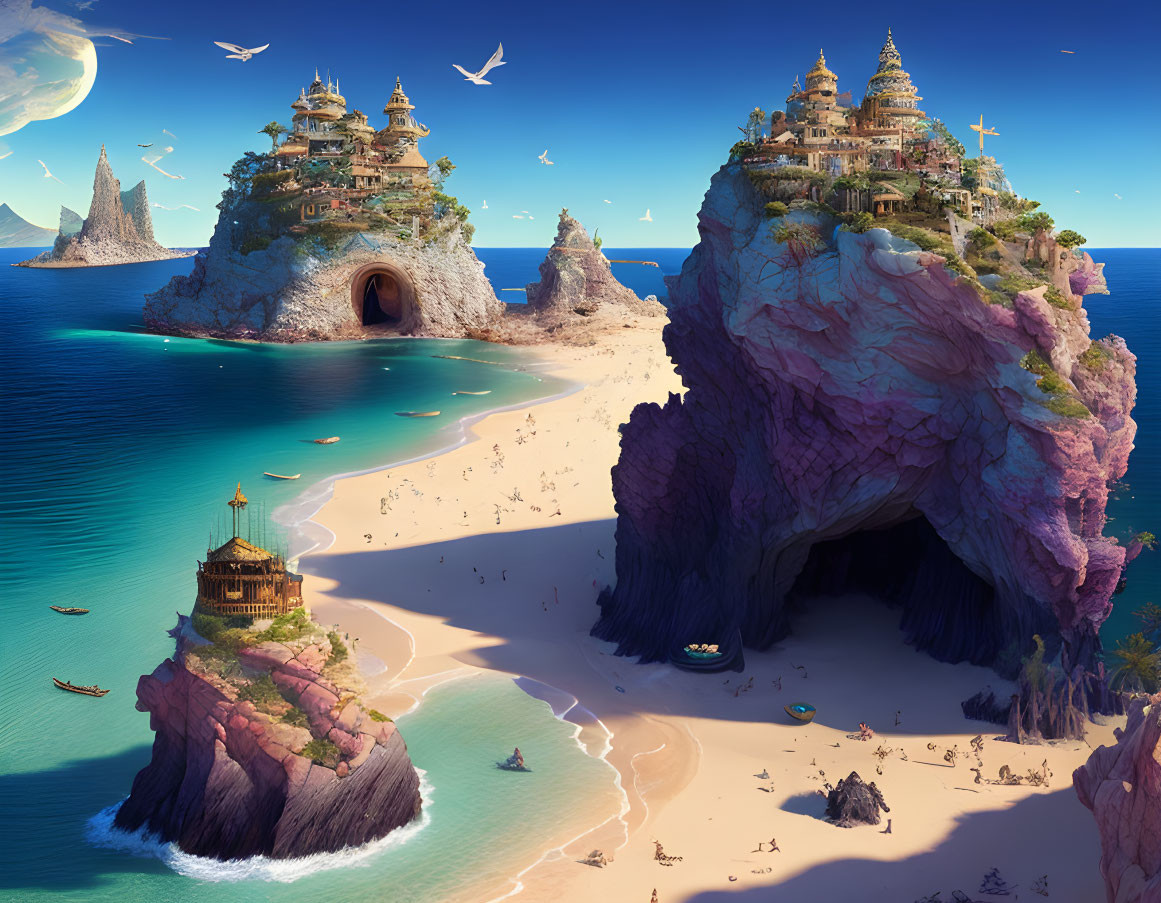 Vibrant rock formation and Asian-style structures on idyllic beach