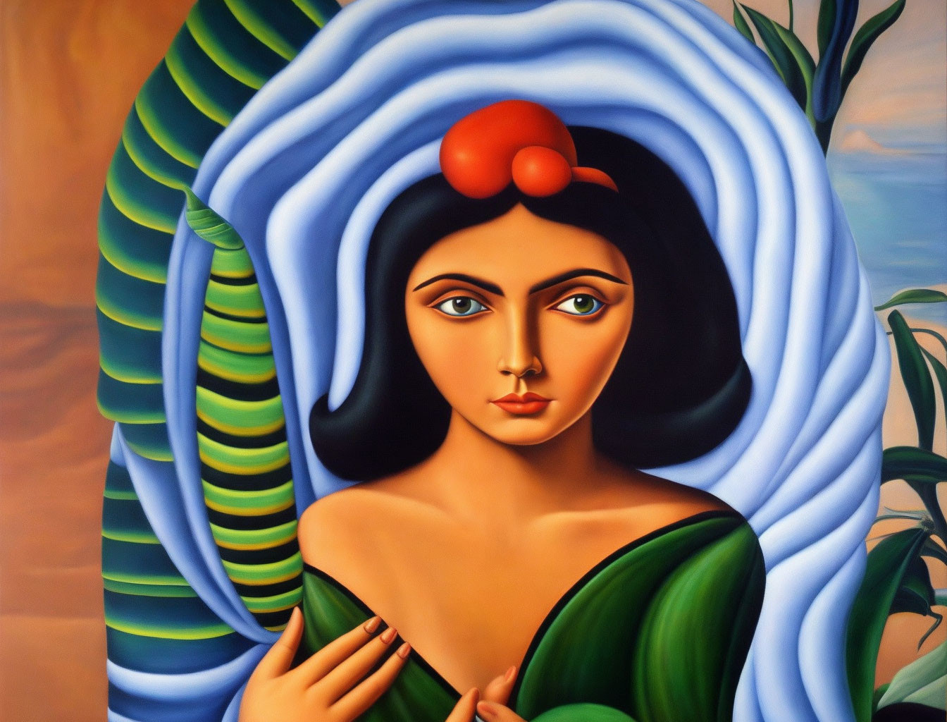 Stylized painting of woman with expressive eyes, blue headdress, green clothing, and fruit on