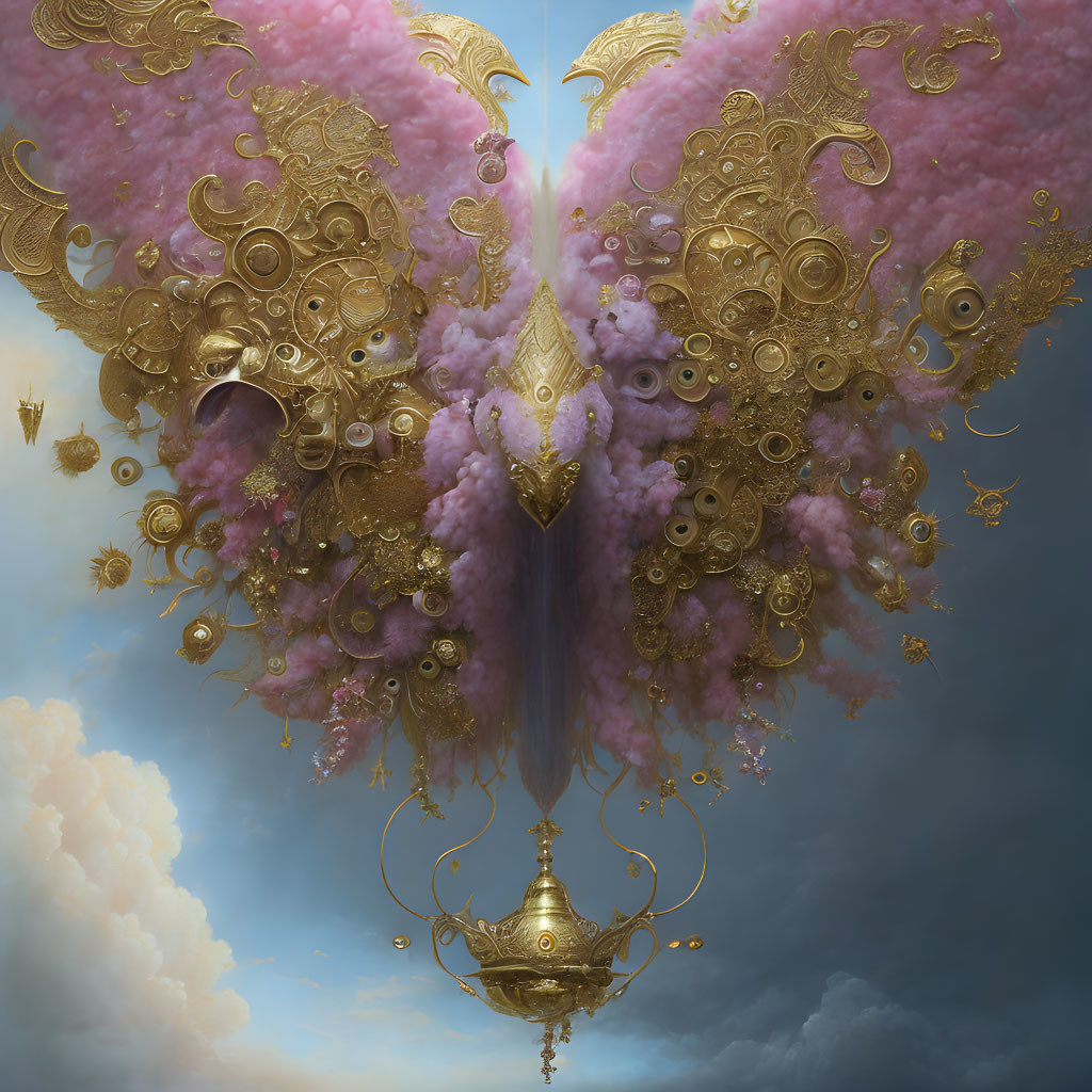 Pink and gold ornate winged creature in cloudy sky