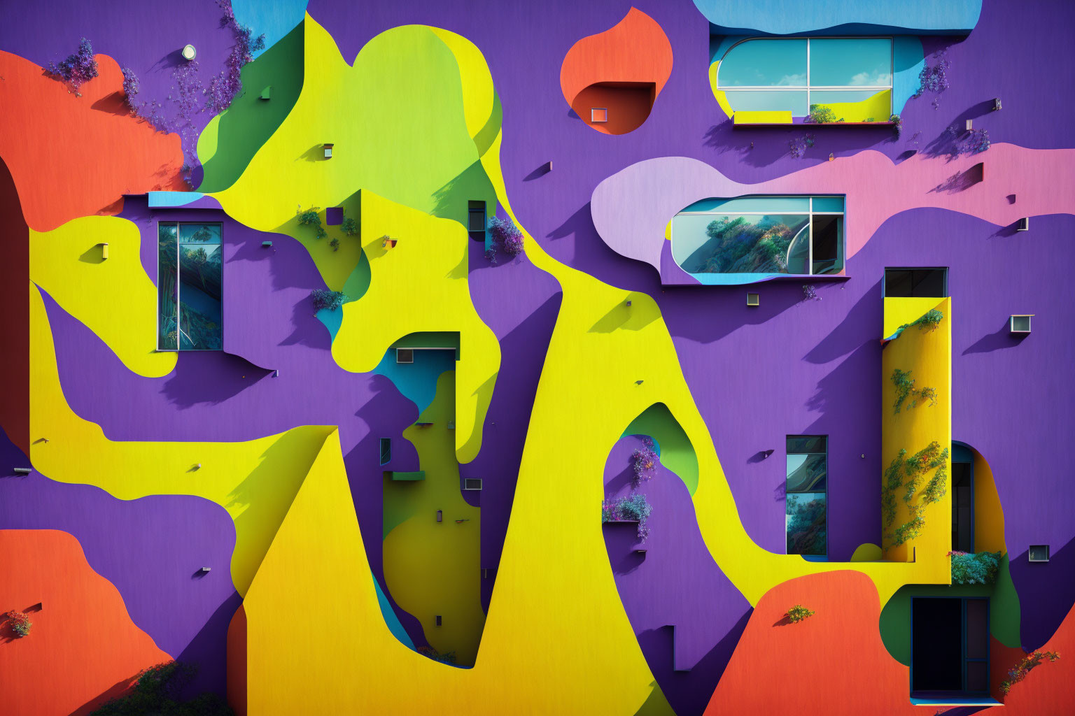 Colorful Abstract Mural Featuring Fluid Shapes and Architectural Elements