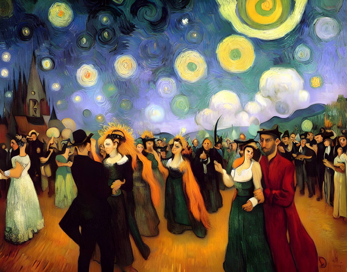 Colorful painting merges "Starry Night" sky with elegantly dressed crowd in festive procession.