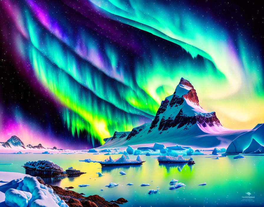 Majestic aurora borealis over snow-covered mountains.