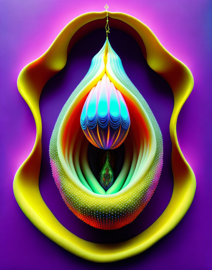 Abstract, Colorful Digital Artwork: Onion Layers and Droplet Shape on Purple Background