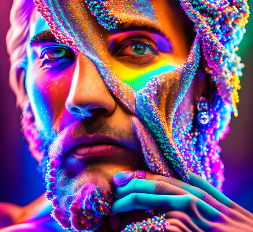 Colorful portrait with glittering beads on face against neon background