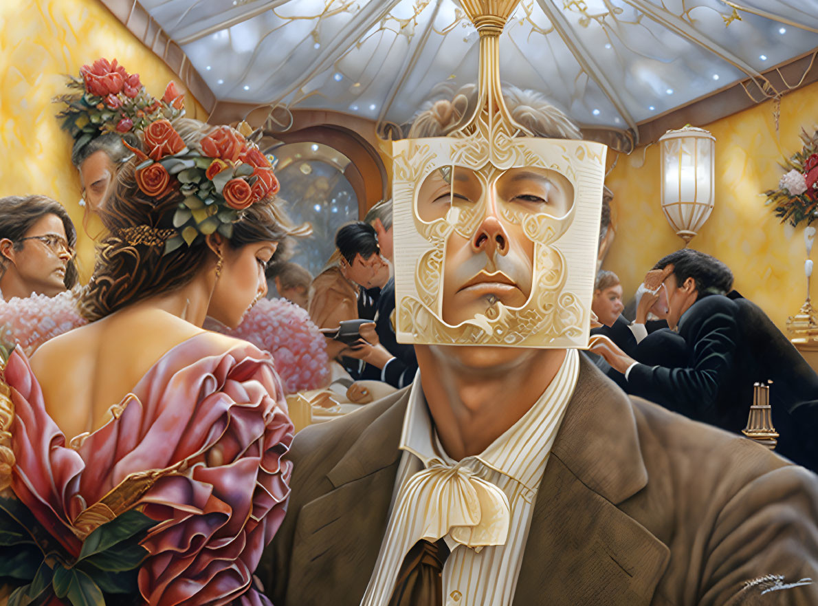 Surreal painting of crowded elegant event with man in masquerade mask