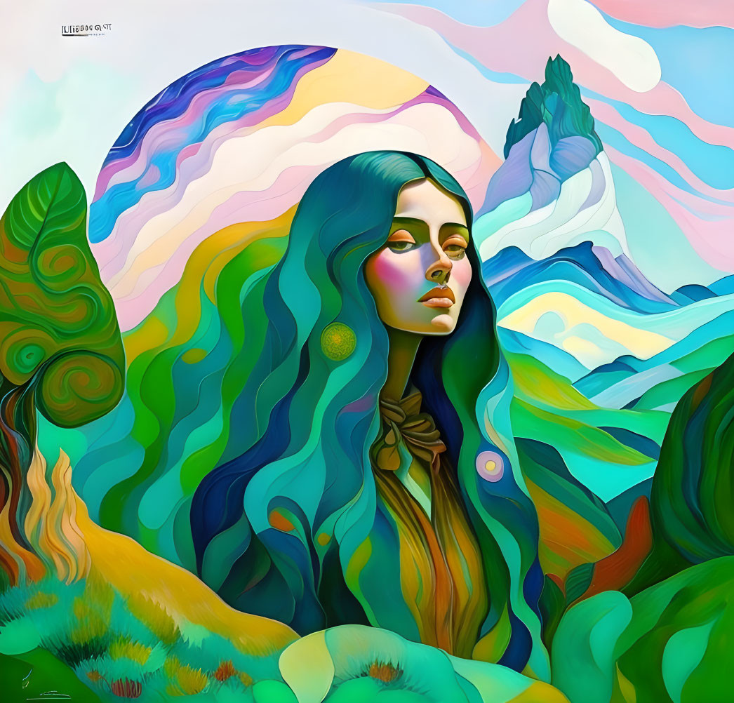 Colorful illustration: Woman with green hair in whimsical landscape & stylized mountain under pastel sky