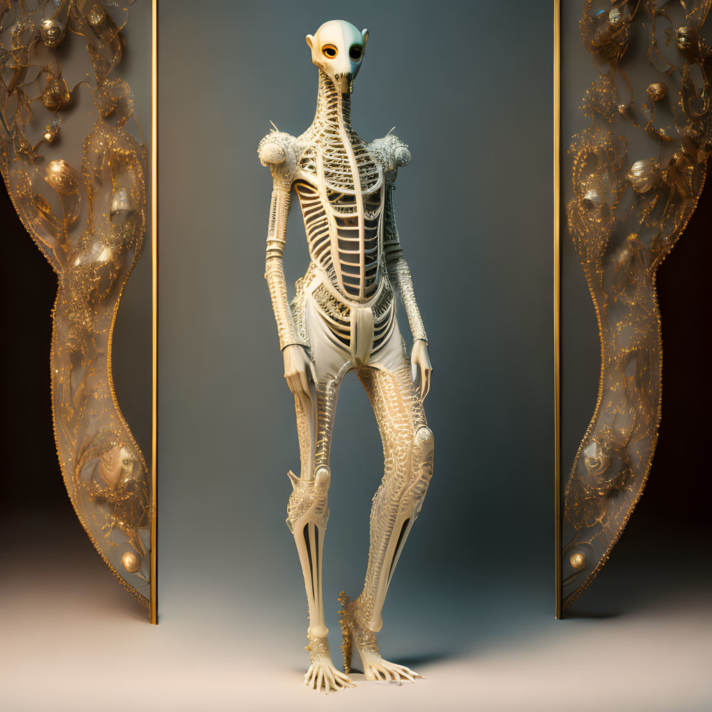 Humanoid alien with exposed skeletal structure between ornate mirrors on warm backdrop