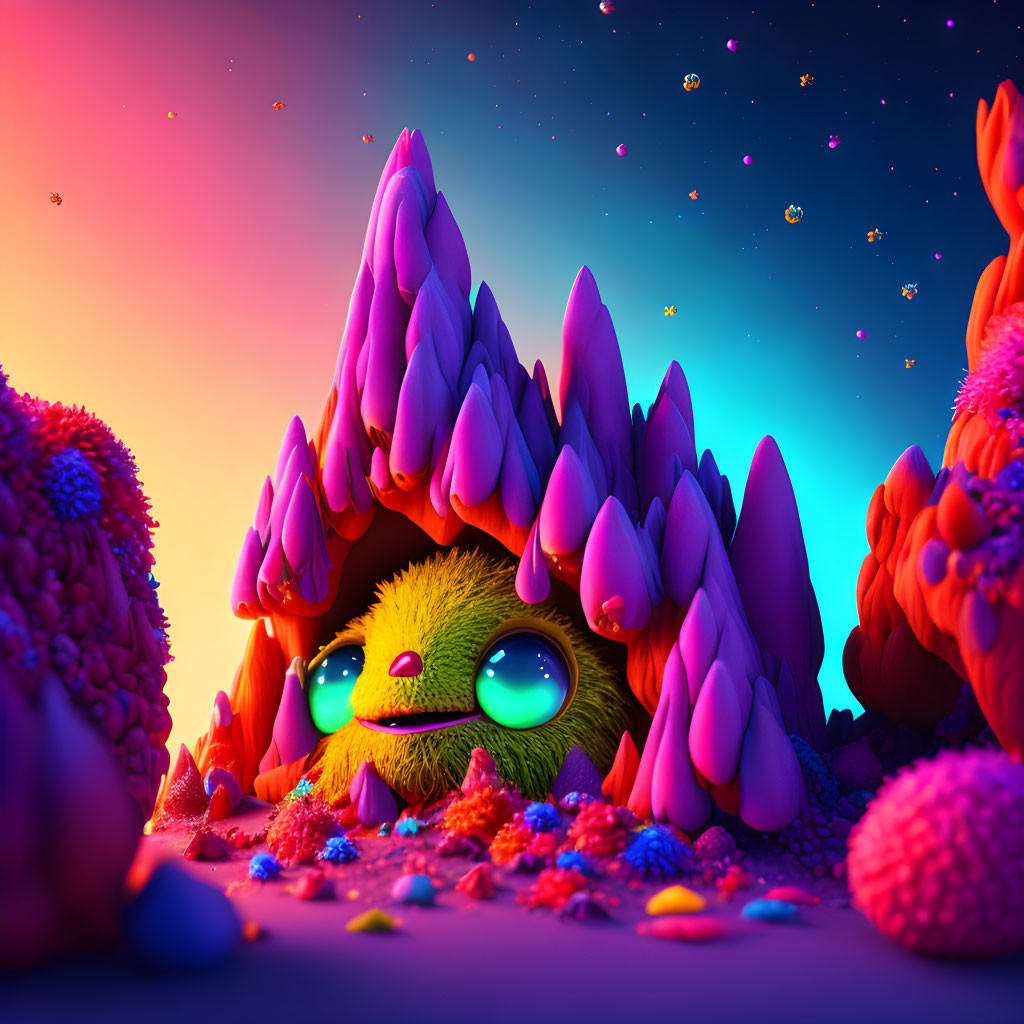 Colorful illustration of furry creature in whimsical landscape