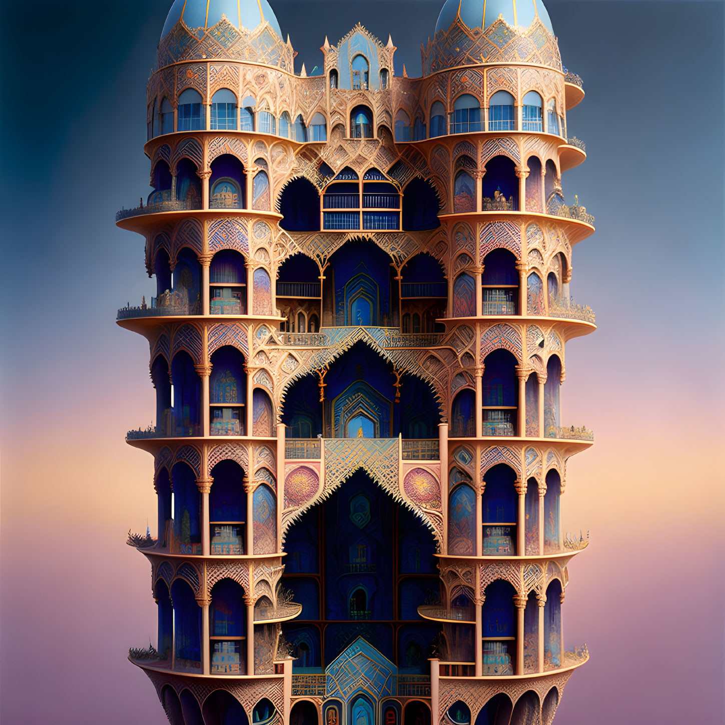 Fantasy palace with intricate patterns and domes at dusk