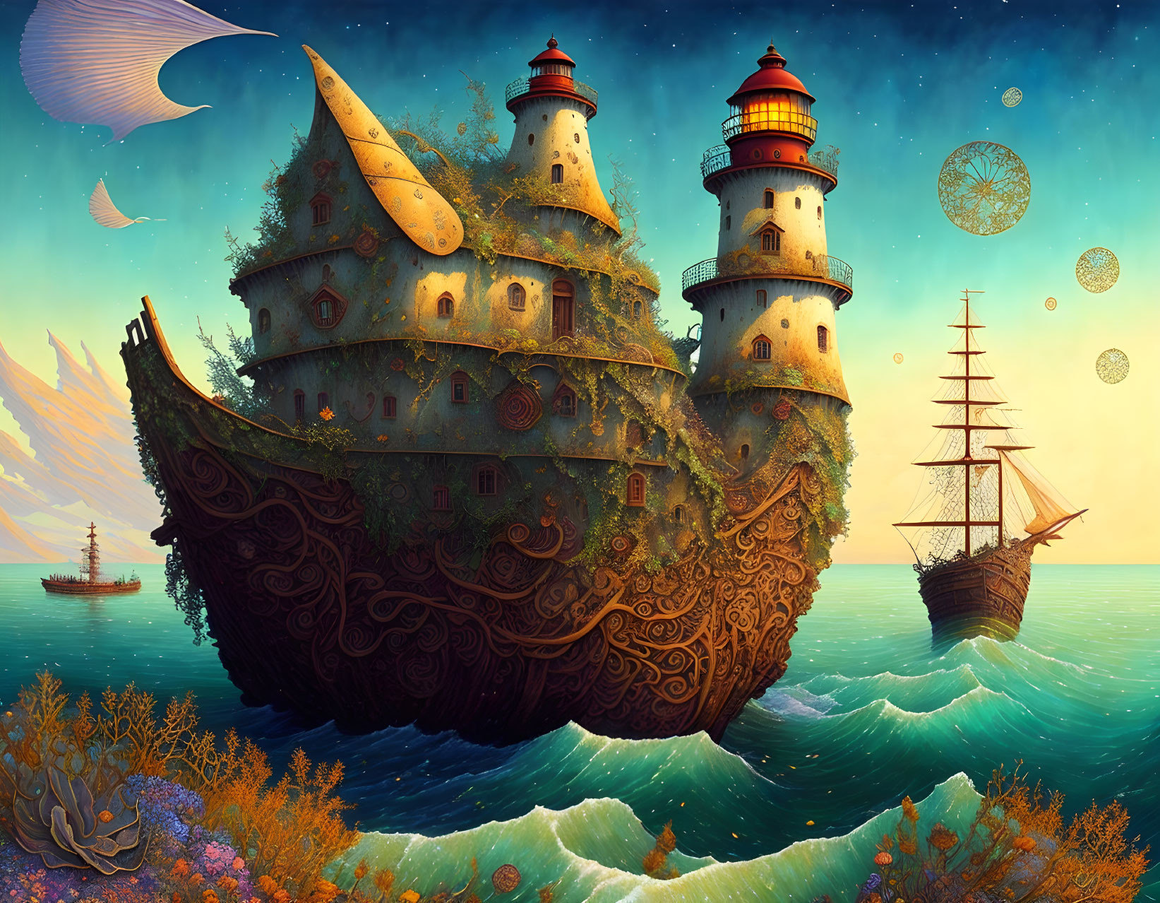 Fantastical ship with lighthouse structures sailing near coral reefs under starry sky.