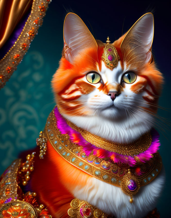 Regal orange and white cat in ornate jewelry and garment on blue background