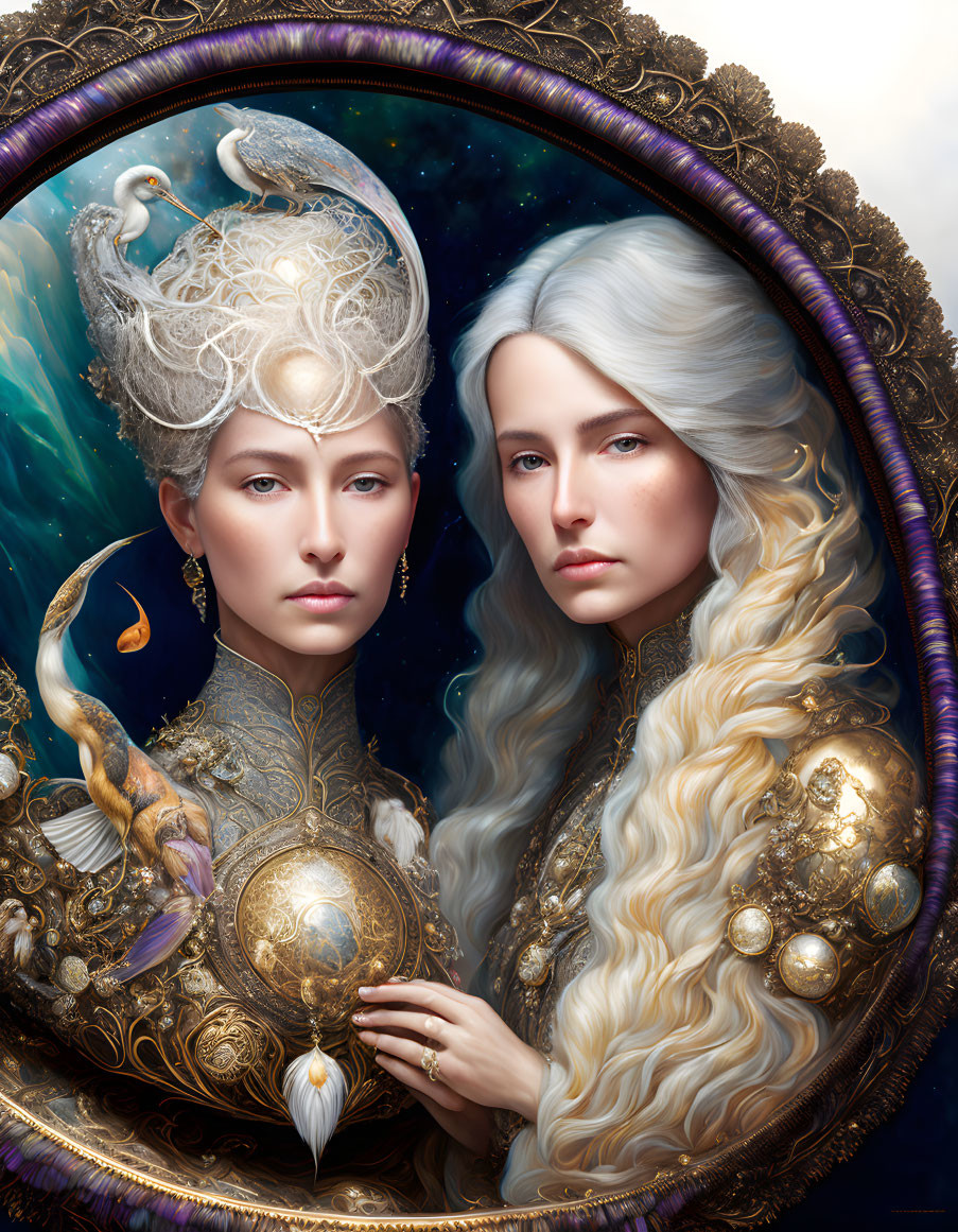 Ethereal fantasy portrait of two women with gold and pearl adornments, one holding a glowing orb