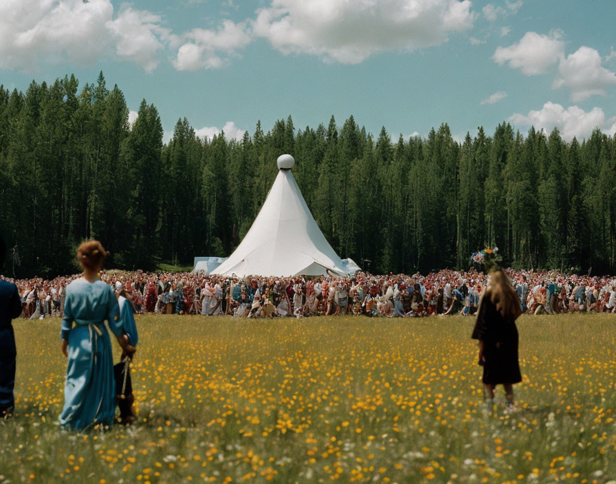 Traditional Attire Group near White Tipi in Flower Field