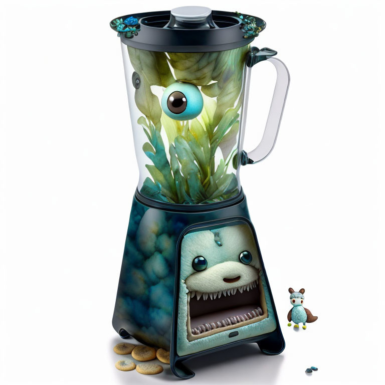 Illustration of blender with sea creatures and character surrounded by cookies