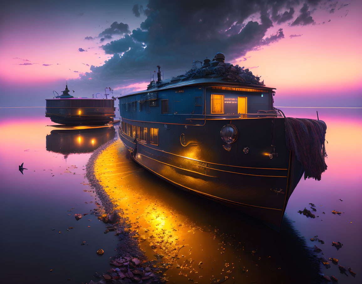 Twilight scene: Two boats on tranquil purple water with reflections and foliage