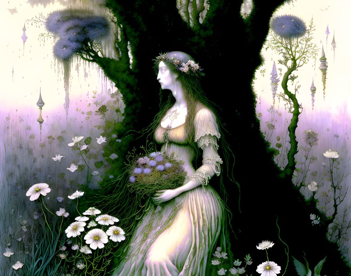 Fantasy illustration of a woman in green dress with flowers in mystical setting.