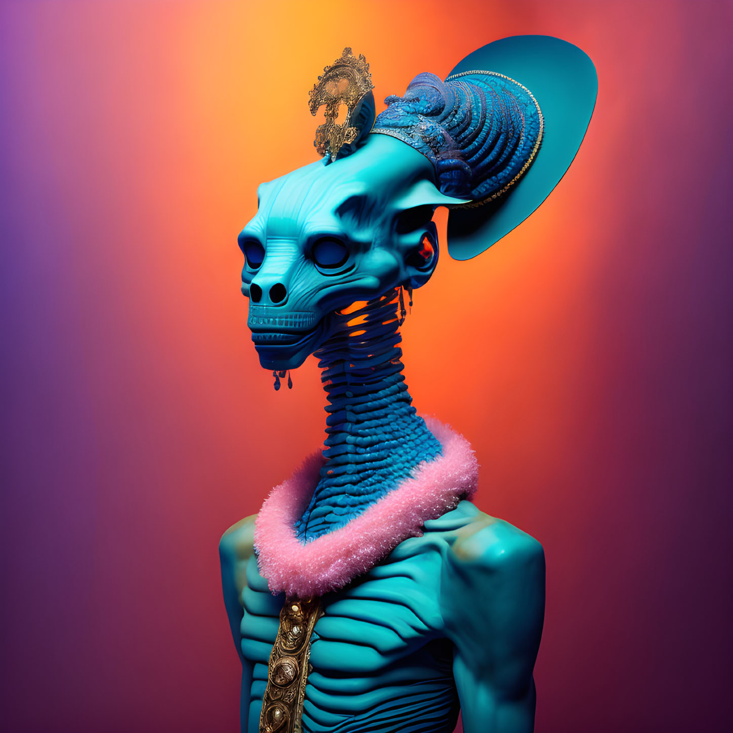 Blue humanoid skeleton with pink fur collar on orange-pink background