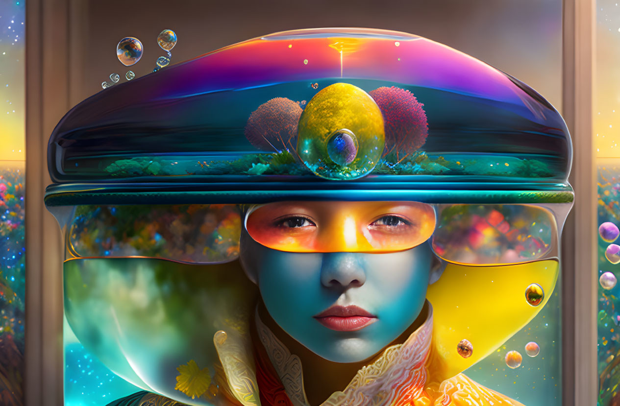 Colorful surreal portrait with nature and bubbles in silhouette.