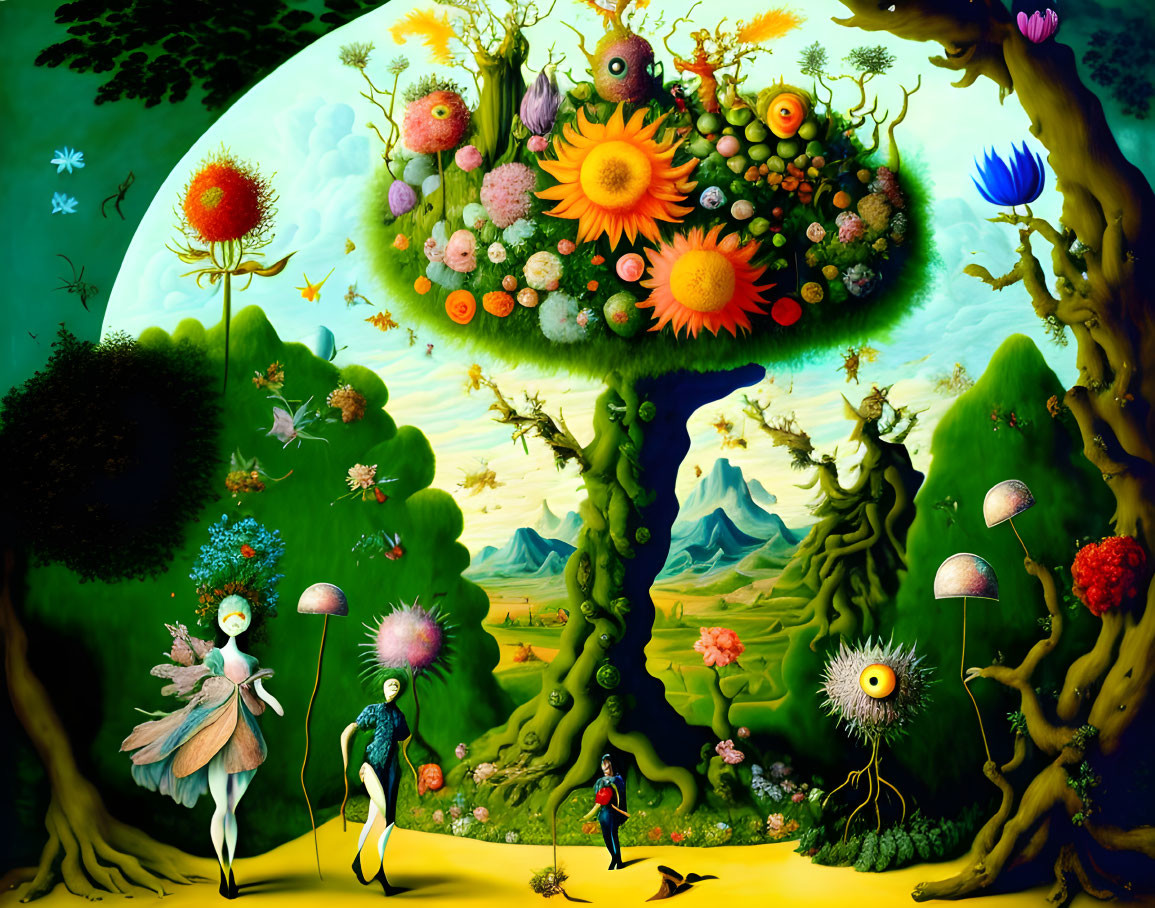 Whimsical surreal painting with anthropomorphic figures and floral elements