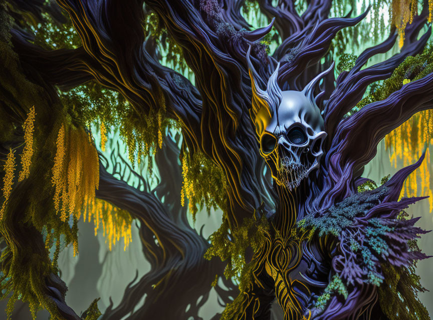 Fantastical forest scene with skull, twisted trees, yellow moss, and dark foliage